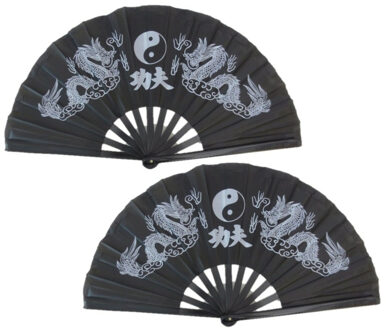 Chinees/aziatisch Waaier - 2x stuks - Tai Chi - zwart - 62 x 33 cm - Oosters decoratie voor muur