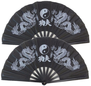 Chinees/aziatisch Waaier - Set van 2x stuks - Tai Chi - zwart - 62 x 33 cm - Oosters decoratie voor