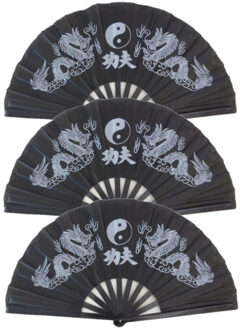 Chinees/aziatisch Waaier - Set van 3x stuks - Tai Chi - zwart - 62 x 33 cm - Oosters decoratie voor