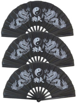 Chinees/aziatisch Waaier - Set van 3x stuks - Tai Chi - zwart - 62 x 33 cm - Oosters decoratie voor