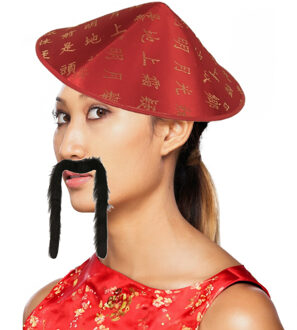 Chinees Aziatische verkleedset - hoed en lange plaksnor - Carnaval verkleed accessoires