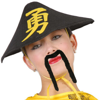 Chinees Aziatische verkleedset - hoed met lange plaksnor - Carnaval verkleed accessoires