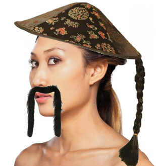 Chinees Aziatische verkleedset - hoed met vlecht en lange plaksnor - Carnaval verkleed accessoires