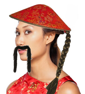 Chinees Aziatische verkleedset - hoed met vlecht en lange plaksnor - Carnaval verkleed accessoires