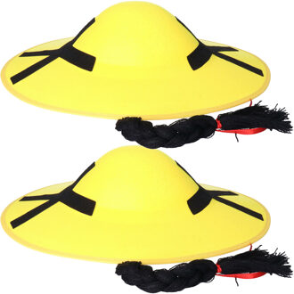 Chinese/Aziatische verkleed thema hoedje met vlecht - 2x stuks - geel - Carnaval hoed