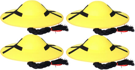 Chinese/Aziatische verkleed thema hoedje met vlecht - 4x stuks - geel - Carnaval hoed