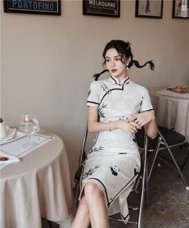 Chinese Cheongsam Vrouwen Lente Zomer Composiet Kant Panda Verbeterd Borduurwerk Meisje Kleding Jurk Dagelijkse Retro Toevallige Qipao Xxl