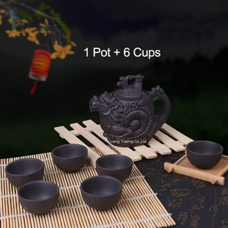 Chinese Draak Kung Fu Thee Sets, Yixing Paarse Klei Theepot 210 ml, Zwart theekopje, 1 Pot 6 Kopjes Thee Service Thee Set