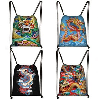 Chinese Dragon Drawstring Bag Women Canvas Storage Bags Large Capacity Travel Backpack Teenager Bookbag Shoes Holder