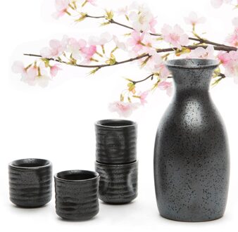 Chinese Handgeschilderd Keramiek Aardewerk Wijn Set 1 Sake Pot + 4 Sake Cups Handgemaakte Chinese Thee Pot Aardewerk Porselein Sake cups Set