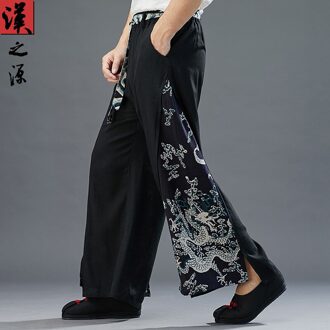 Chinese Harembroek Mannen Dragon Oosterse Brede Been Retro Katoen Linnen Cargo Losse Baggy Broek Lace-Up Kung fu Broek zwart / M