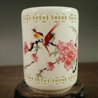 Chinese Oude Porselein Pastel Bloemen En Vogels Patroon Opengewerkte Pen Houder