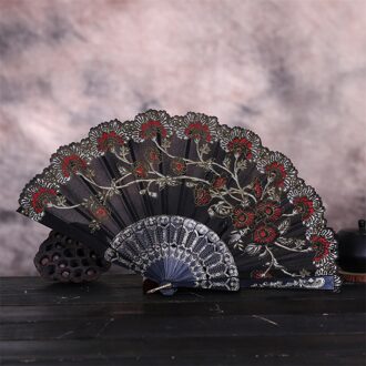Chinese Stijl Dance Wedding Party Lace Silk Folding Handheld Bloem Fans Houten Chinese Stijl Hand Held Fans Wachlarz Drewniany