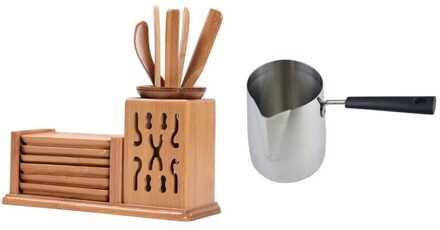 Chinese Stijl Theeceremonie Zes Gentleman Thee Set Thee Tafel Massief Hout Bamboe Coaster & Rvs Wax Melting Pot