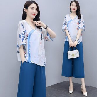 Chinese Stijl Vrouwen Kleding Set Retro V-hals Bloemen Blouse 2 Stuks Vintage Half Mouw Zomer Chinese Traditionele Kleding