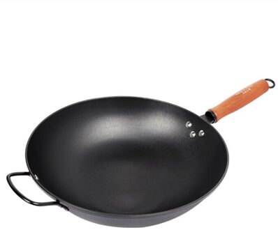 Chinese Stijl Wok 34Cm Ronde Bodem Gietijzeren Wok Met Oor Wok Afneembare Houten Handvat Ongecoat Kachel Dual-gebruik