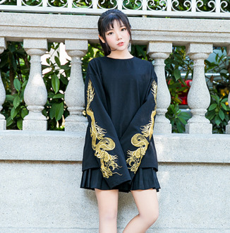 Chinese Stijl Zoete Lolita Top Draak Borduurwerk O-hals Gothic Lolita Sweatshirt Kawaii Meisje Loli Cos