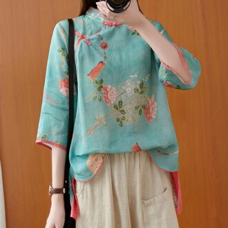 Chinese Vintage Vrouwen Blouse Traditionele Kleding Print Hanfu Tops Zomer Blusas Elegante Losse Vrouwelijke Overhemd Ropa Mujer Xl