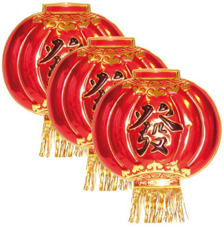 Chinese wanddecoratie schild - 3x - 54 x 60 cm - Chinees feest thema versiering - rood - kunststof