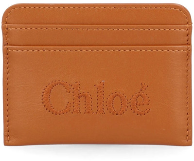 Chloe Leren kaarthouder met geborduurd logo Chloé , Brown , Dames - ONE Size