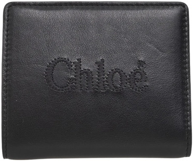 Chloe Leren portemonnee met logo borduursel en muntvakje Chloé , Black , Dames - ONE Size