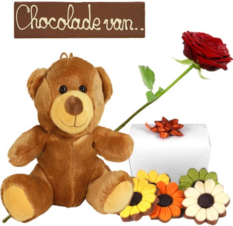 Chocolade van ... reep + knuffel en bloemetjes chocolade