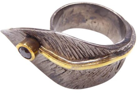 Christian Zilveren blad ring met zwarte zirkonia Geel Goud - One size