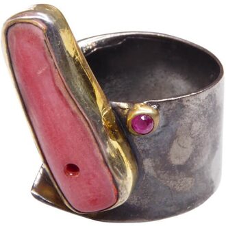 Christian Zilveren ring met bloedkoraal en robijn Geel Goud - One size