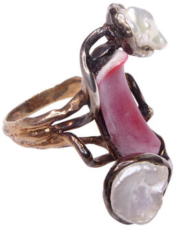 Christian Zilveren ring met parelmoer en koraal Geel Goud - One size
