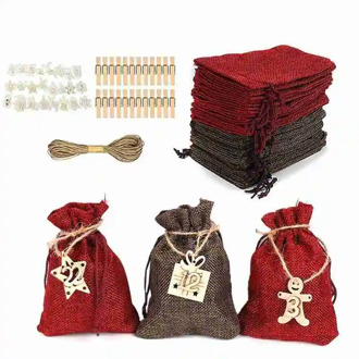 Christmas 2021 Advent Calendar 24Days Hanging Drawstring Candy Bags with Stickers DIY Sacks Reusable Xmas Countdown Decorations