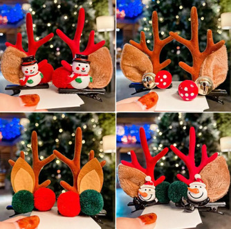 Christmas Antlers Hair Clips Pins Accessories Reindeer Jingle Bells Cute for Girl Women Adults Kids Decorations Gift Present 2ps