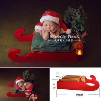 Christmas Baby Props Wooden Red Sled Newborn Christmas Outfit Pants Hat Pillow Set Props for Photography Accessories Boy Girl