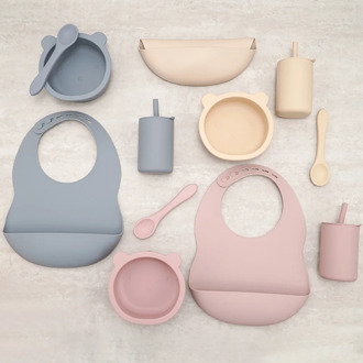 Christmas Day Gift Edible Foldable Baby Bib Kits Unbreakable Cup Relief Teething Silicone Bowl Feeding Set