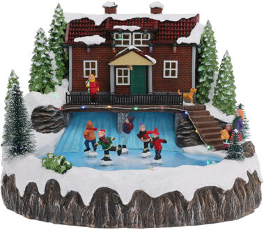 Christmas Decoration kerstdorp huis met schaatsers- 29x28x23 cm - Kerstdorpen Multikleur