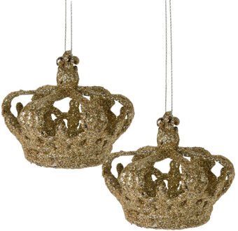 Christmas Decoration kersthangers kroontjes 2x -champagne -7,5 cm - Kersthangers Champagnekleurig