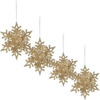 Christmas Decoration kersthangers sneeuwvlokken 4x -champagne -11,5 cm - Kersthangers Champagnekleurig