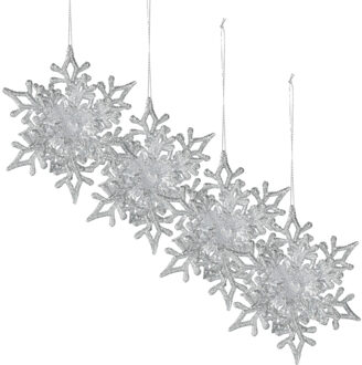 Christmas Decoration kersthangers sneeuwvlokken 4x -zilver -11,5 cm - Kersthangers Zilverkleurig