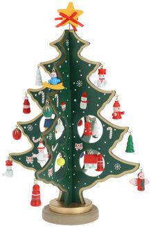 Christmas Decoration kleine decoratie kerstboom - hout - rood - 26 cm - Houten kerstbomen Groen