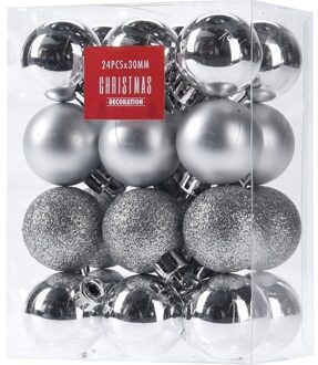 Christmas Decoration Mini kerstballen - 24x- zilver -D3 cm - kunststof - Kerstbal Zilverkleurig