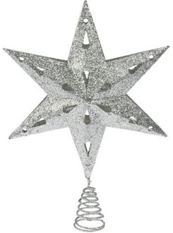 Christmas Decoration verlichte ster piek - zilver - 35 cm - met timer - kerstboompieken Zilverkleurig