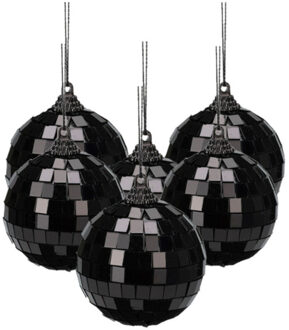 Christmas Decorations Disco kerstbal - 6x - zwart - 6 cm - kunststof en glas - discobol - spiegel