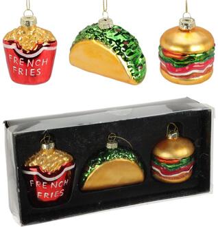 Christmas Decorations kershangers hamburger, friet, sandwich -3x- glas - Kersthangers Multikleur
