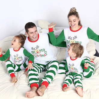 Christmas Family Matching Outfits Set Holiday Pajamas Deer PrintingT-shirt+Striped Trousers Pants Suit Xmas Home Clothes