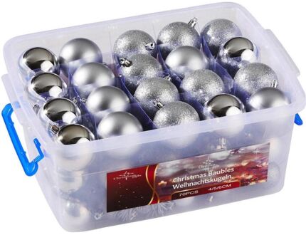 Christmas gifts Kerstballen zilver in box kerstboom decoratie 70 stuks Zilverkleurig