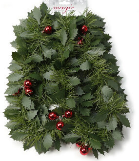 Christmas goods Kerstslinger - guirlande - hulstbladeren en besje - 270 cm - met rode kerstballen Groen
