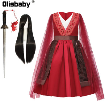 Christmas Halloween Mulan Costume Summer Toddler Mulan Dress Birthday Party Tulle Sleeve Red Dresses for Girls Gongfu Sword
