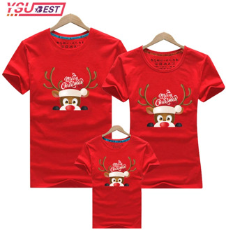 Christmas Mom Dad T-shirt Christmas Deer Print Family Matching Christmas Tshirt Mommy Daddy Baby Short Sleeve Red Shirt Clothes