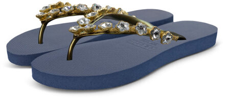Chrystal flower marineblauw dames slippers, , maat: - maat 35-36
