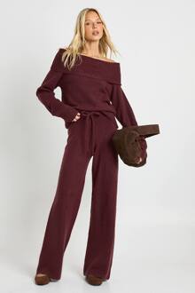 Chunky Gebreide Bardot Trui En Rechte Pijp Broek Co-Ord, Burgundy - XS