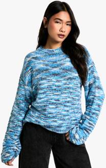 Chunky Gebreide Blauwe Melange Boxy Trui Met Ronde Hals, Blue - S